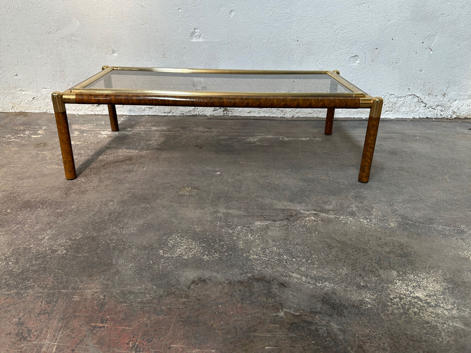 Gold-tone metal and imitation elm burl coffee table