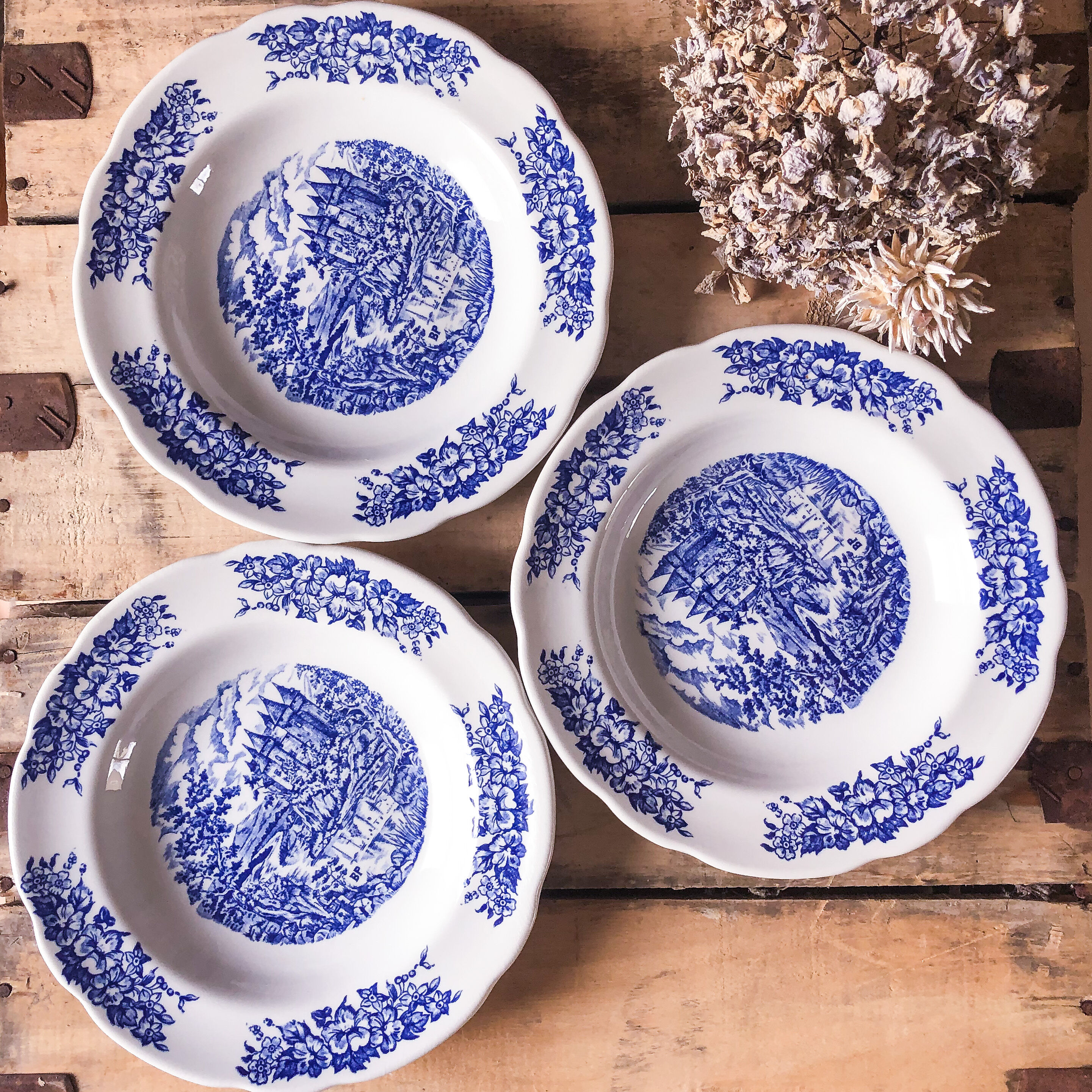 Trio of hollow porcelain plates