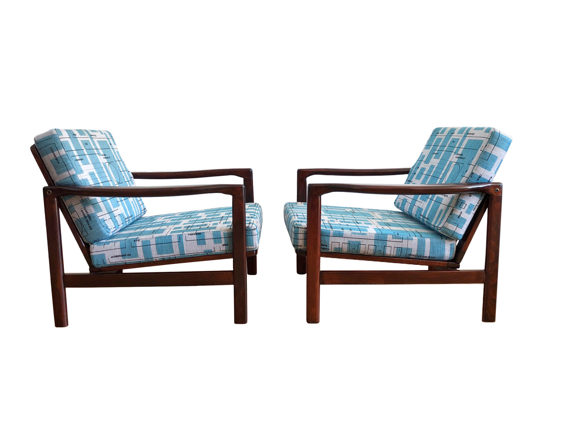 Model B-7752 Blue Jacquard Armchairs by Zenon Bączyk, 1960s, Set of 2
