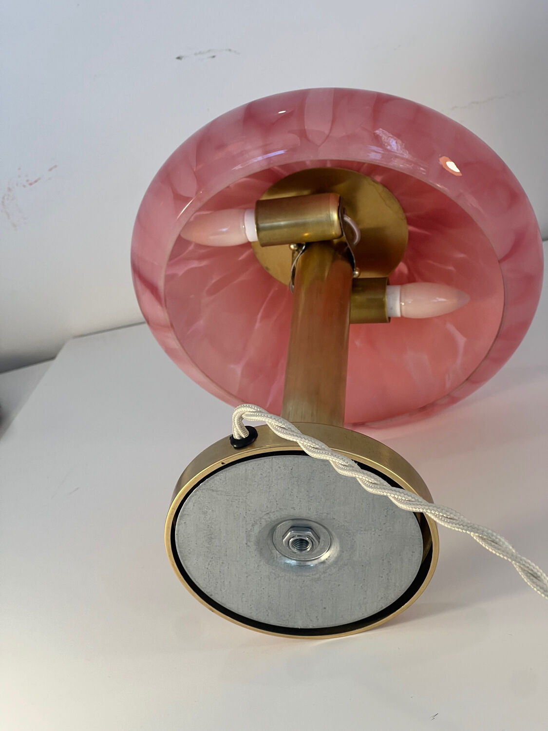 Pair of Art Deco mushroom table lamps, pink Clichy glass