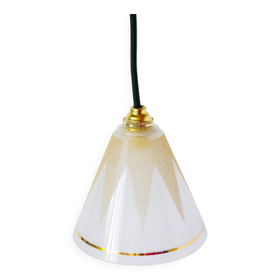 suspension en verre motifs graphiques et liseré granité, Blanc et Doré, 195