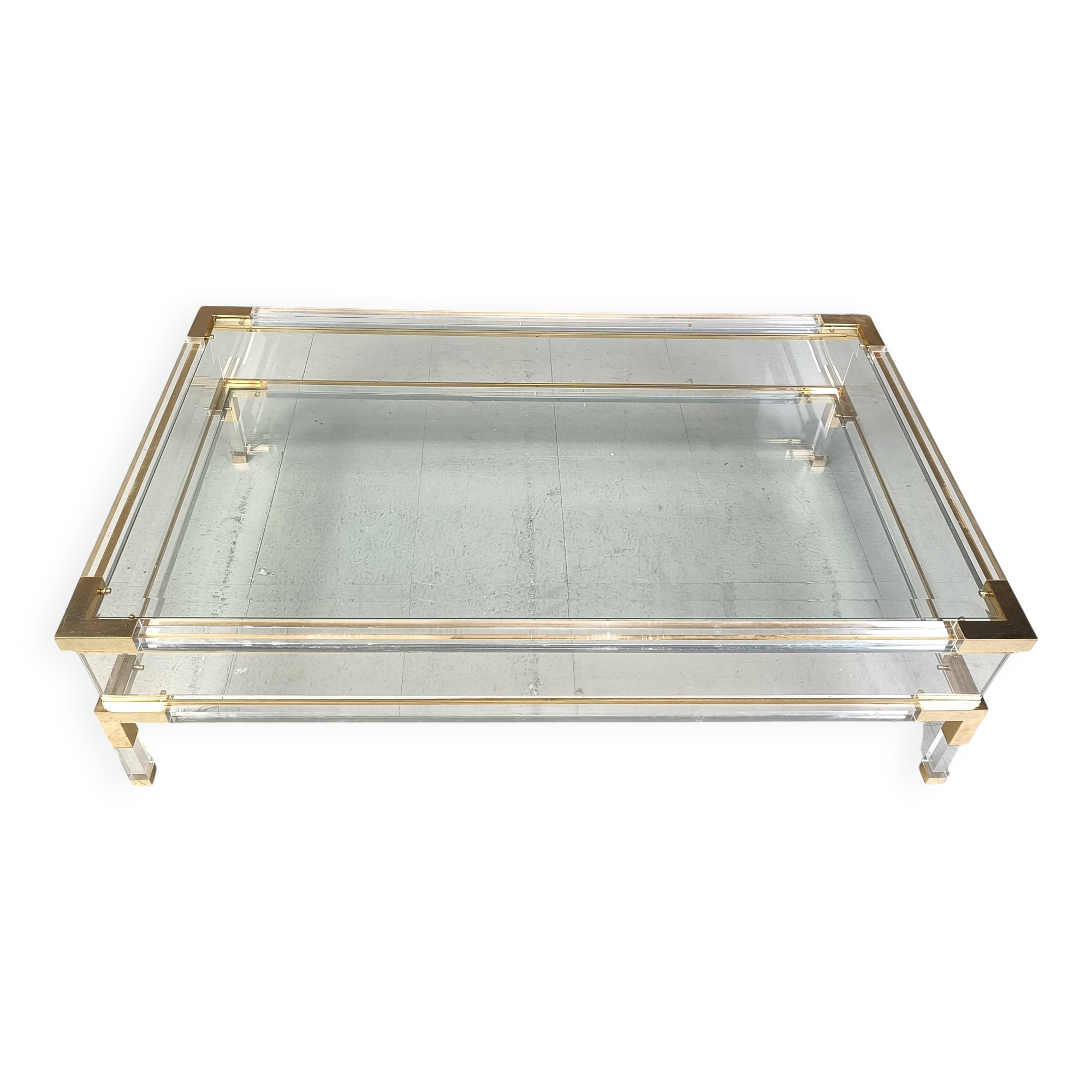Vintage lucite and brass sliding top coffee table, 1970s