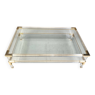 Table basse vintage à plateau coulissant en lucite et laiton, années 1970