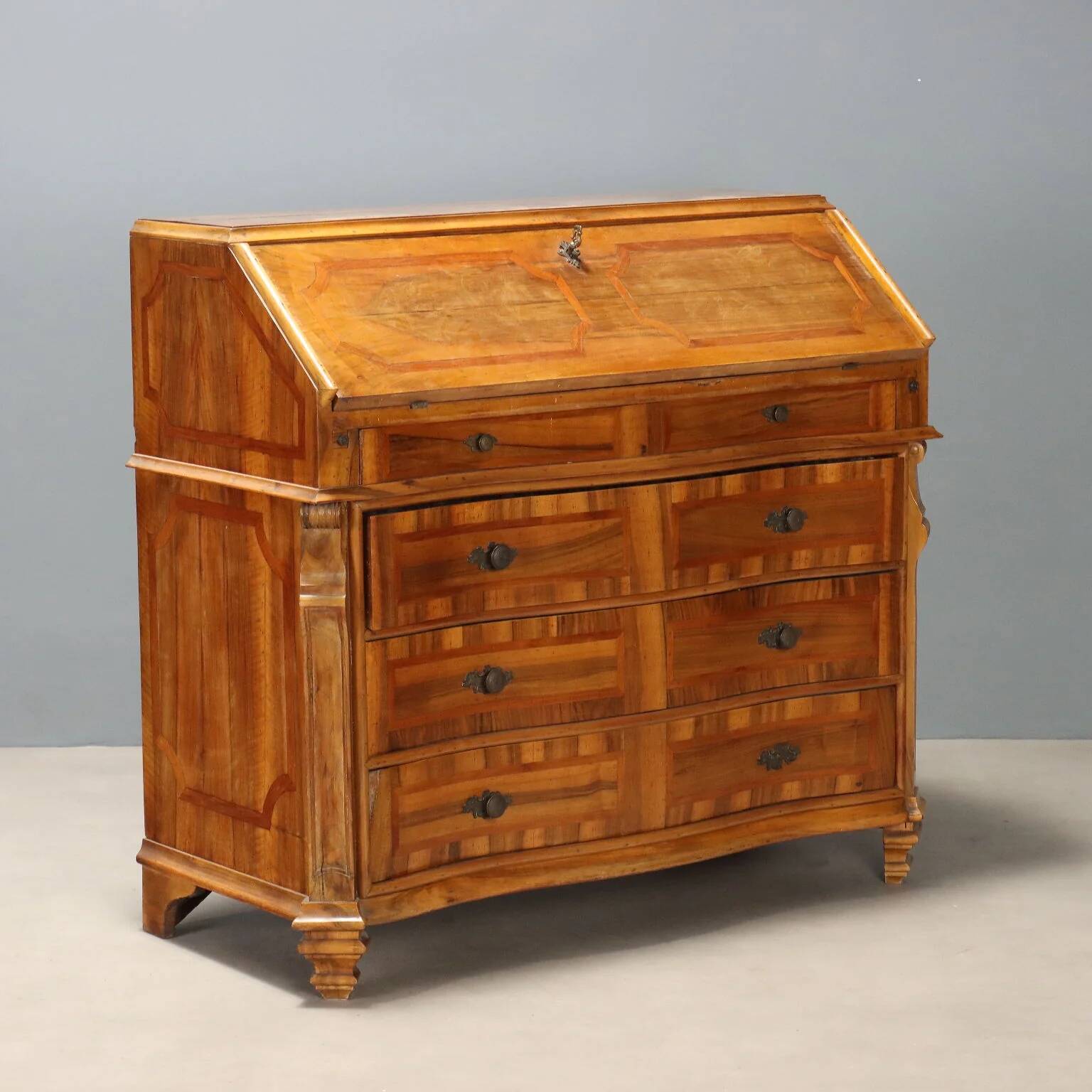 Antique cherry wood cabinet with drop-down front, 3 drawers, Italy, 20th century.
