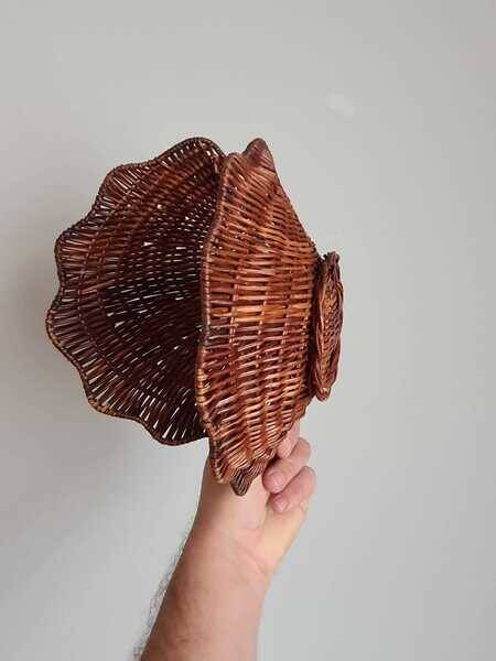 Vintage wicker shell basket, French bohemian decoration.