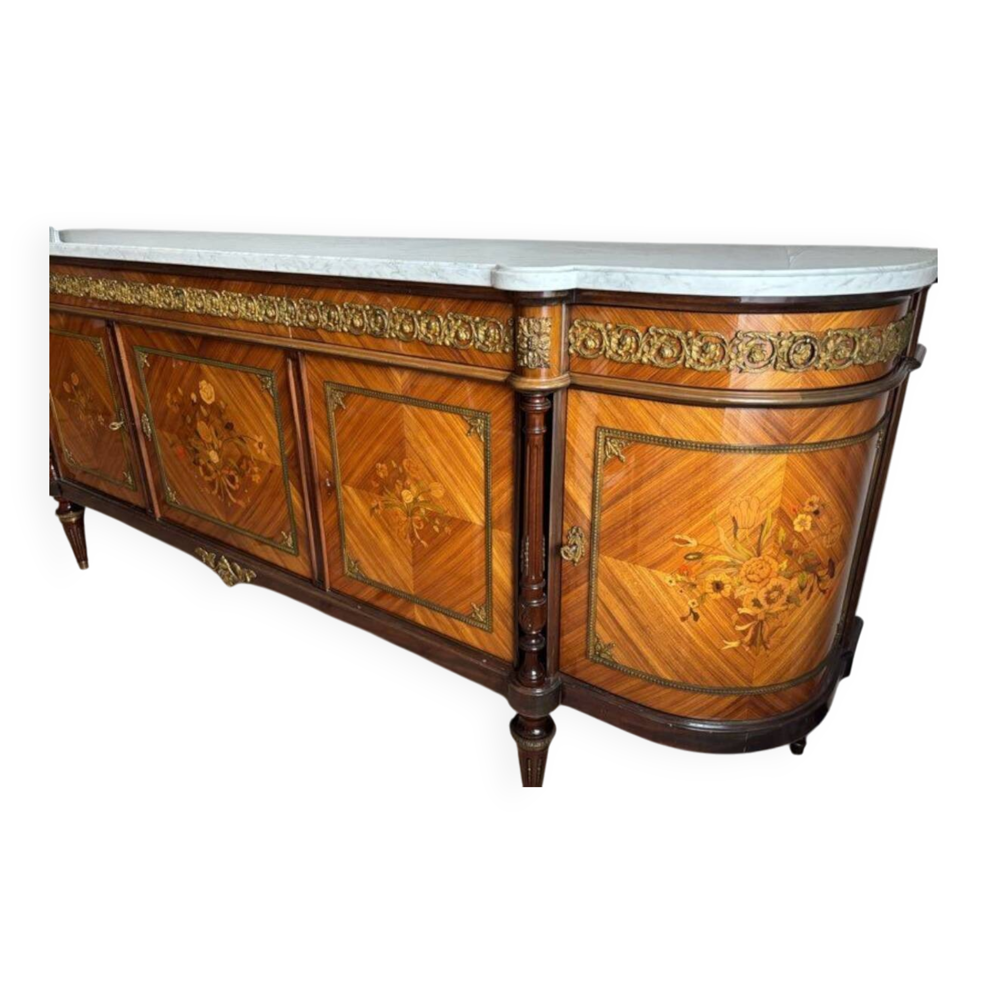 Buffet en marqueterie de style Louis XVI avec plateau en marbre