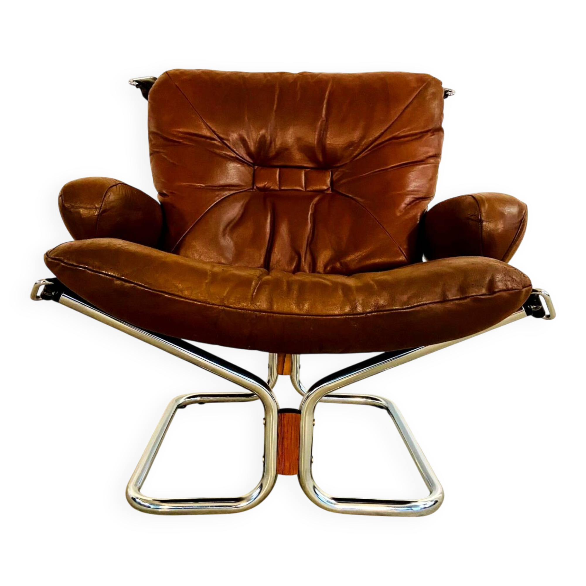 Vintage mid-century Scandinavian cognac leather lounge chair by Harald Relling