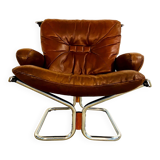 Vintage mid-century Scandinavian cognac leather lounge chair by Harald Relling
