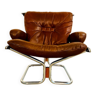 Vintage mid-century Scandinavian cognac leather lounge chair by Harald Relling