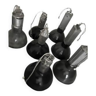 set of 7 black enameled industrial pendant lights