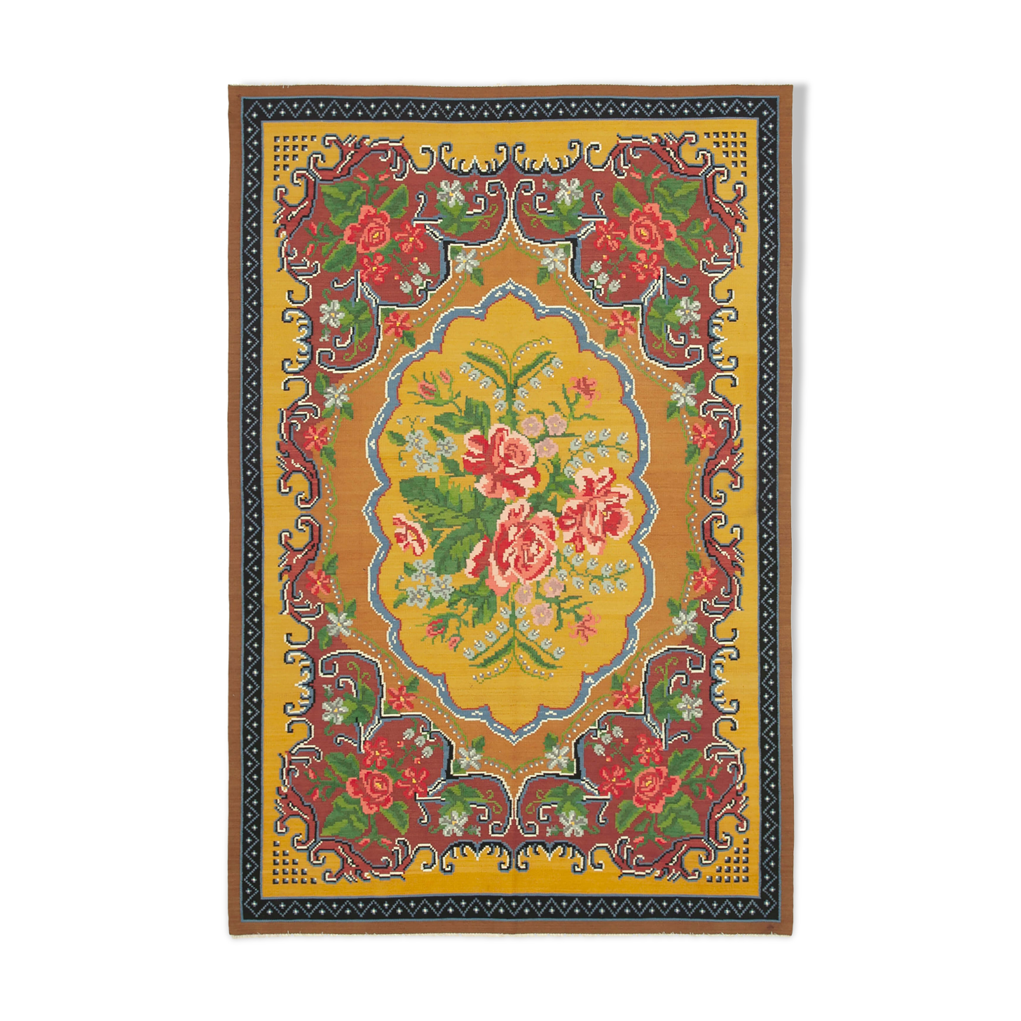 Handmade Vintage Moldovian Yellow Kilim 198 cm x 295 cm - 23443