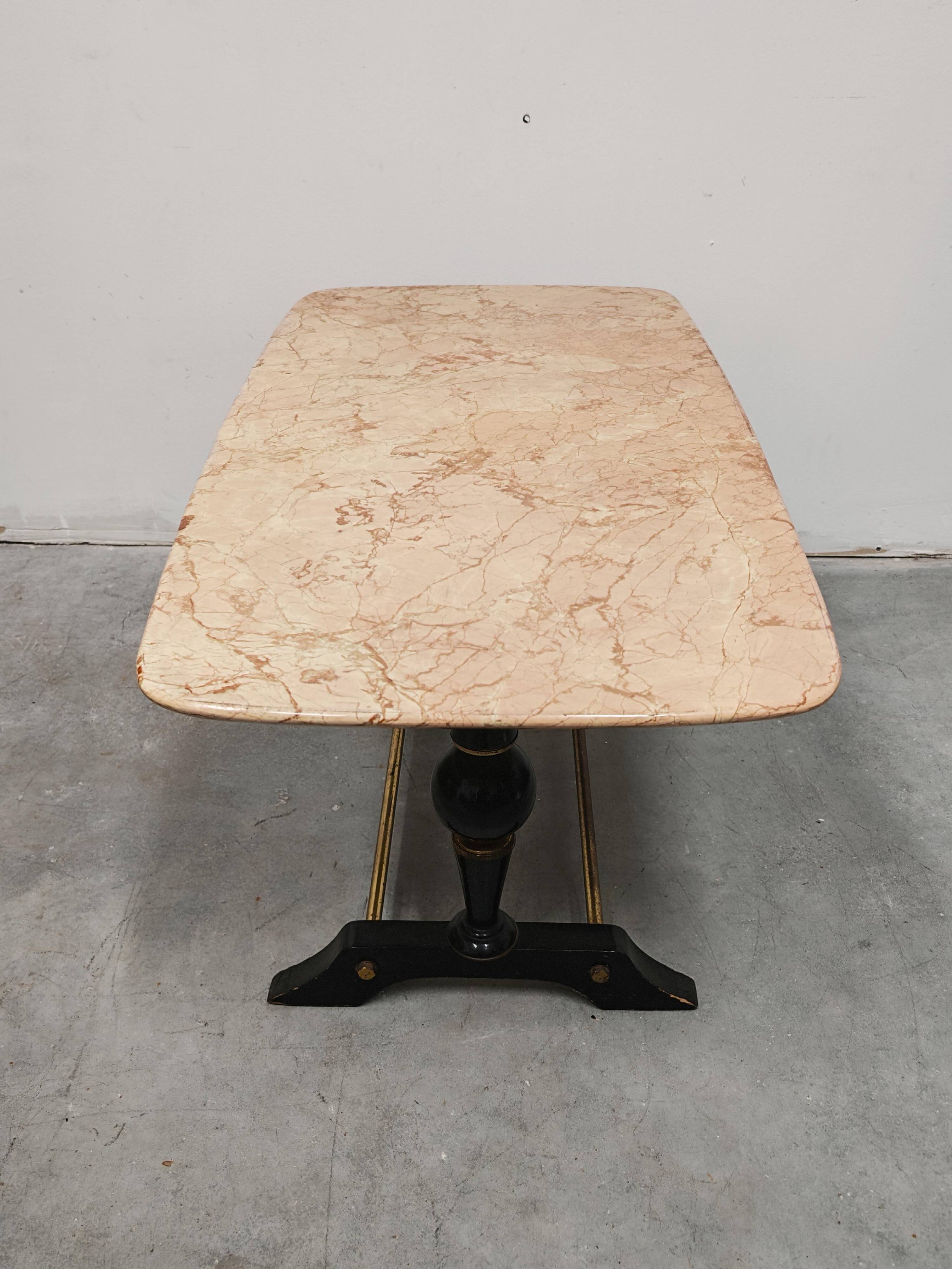 Mid-century modern coffee table in marble, brass, and wood, 1950s.