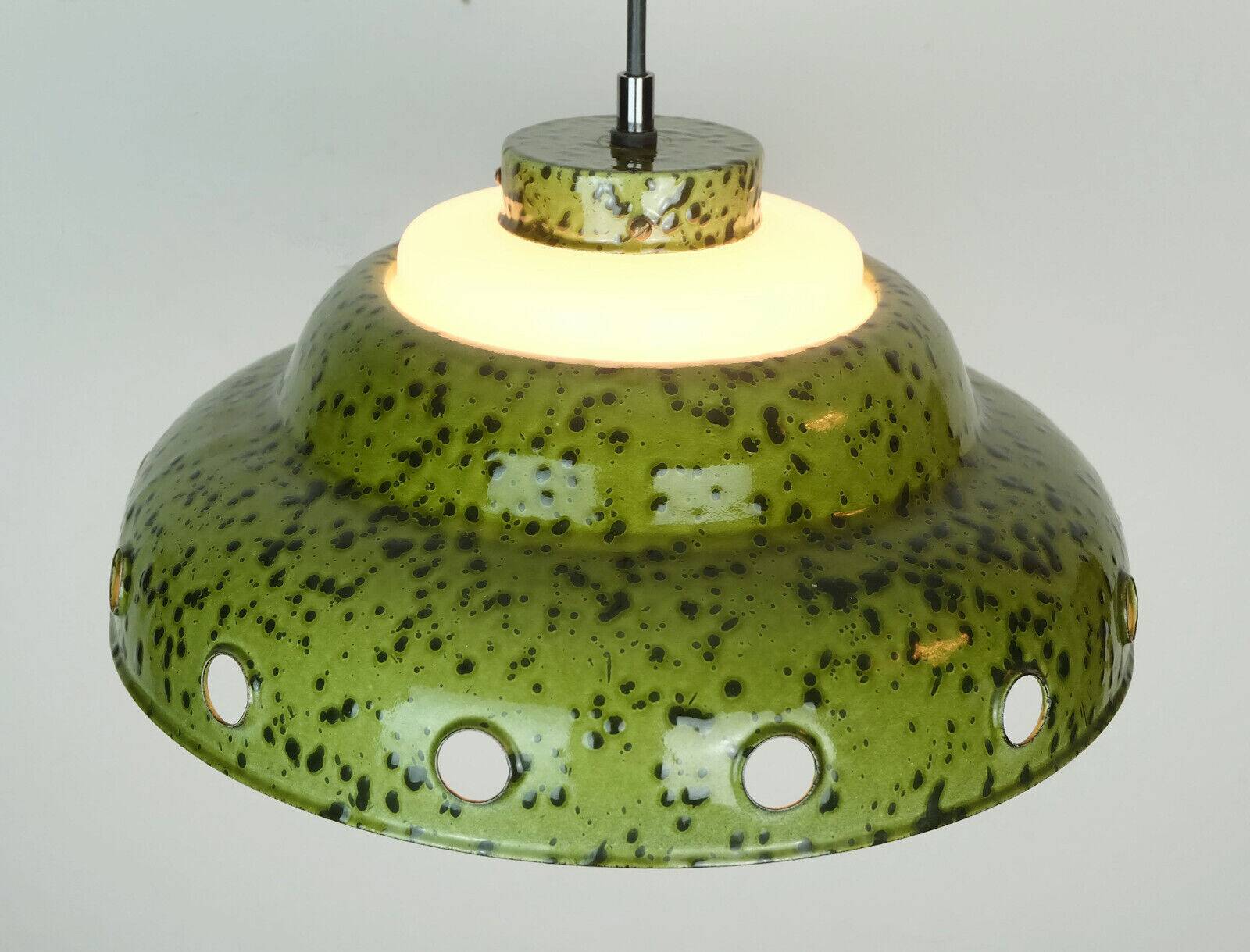 Mid century pendant light enamel metal white glass 1960s