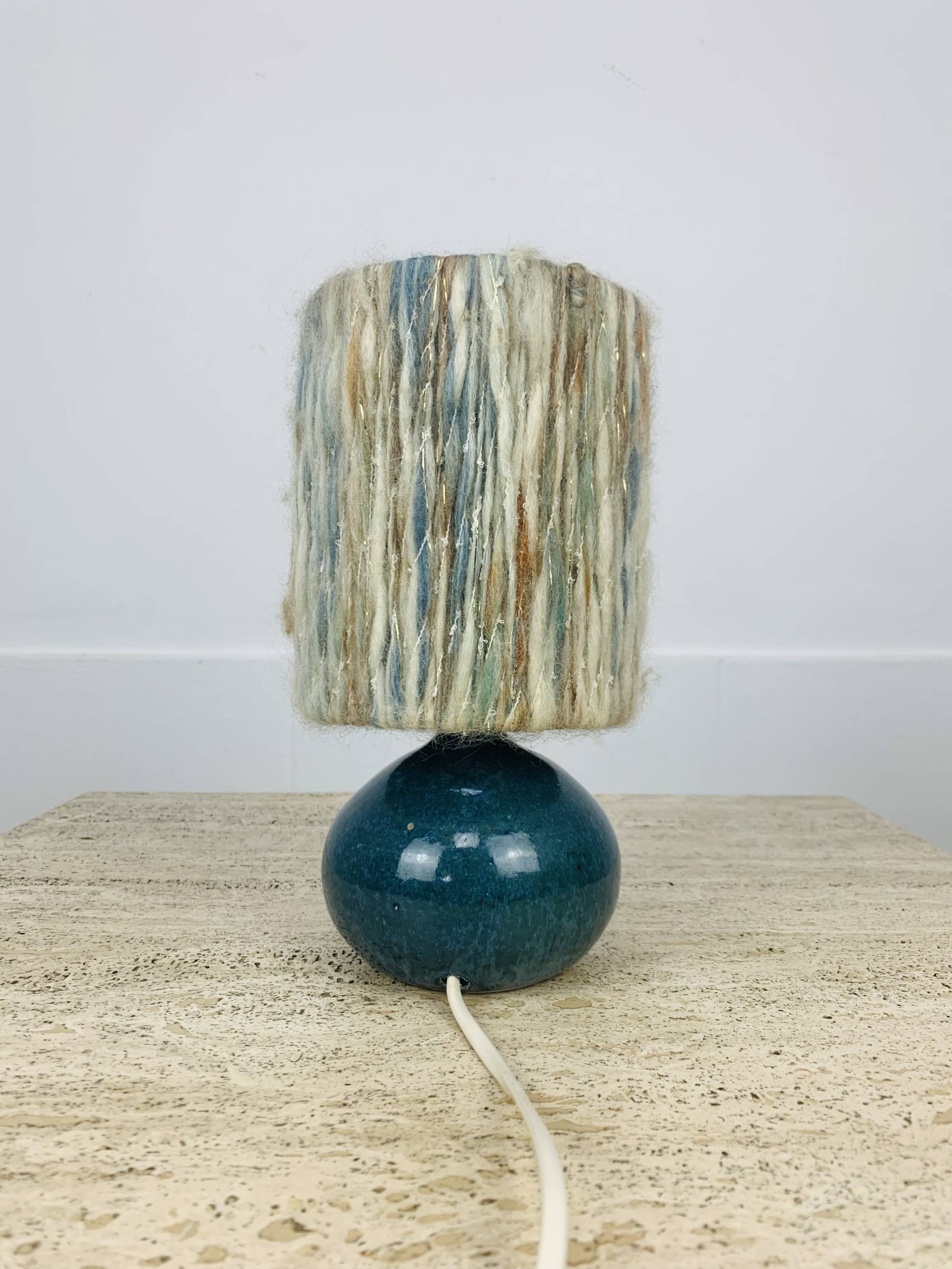 Blue ceramic ball lamp with wool lampshade, vintage