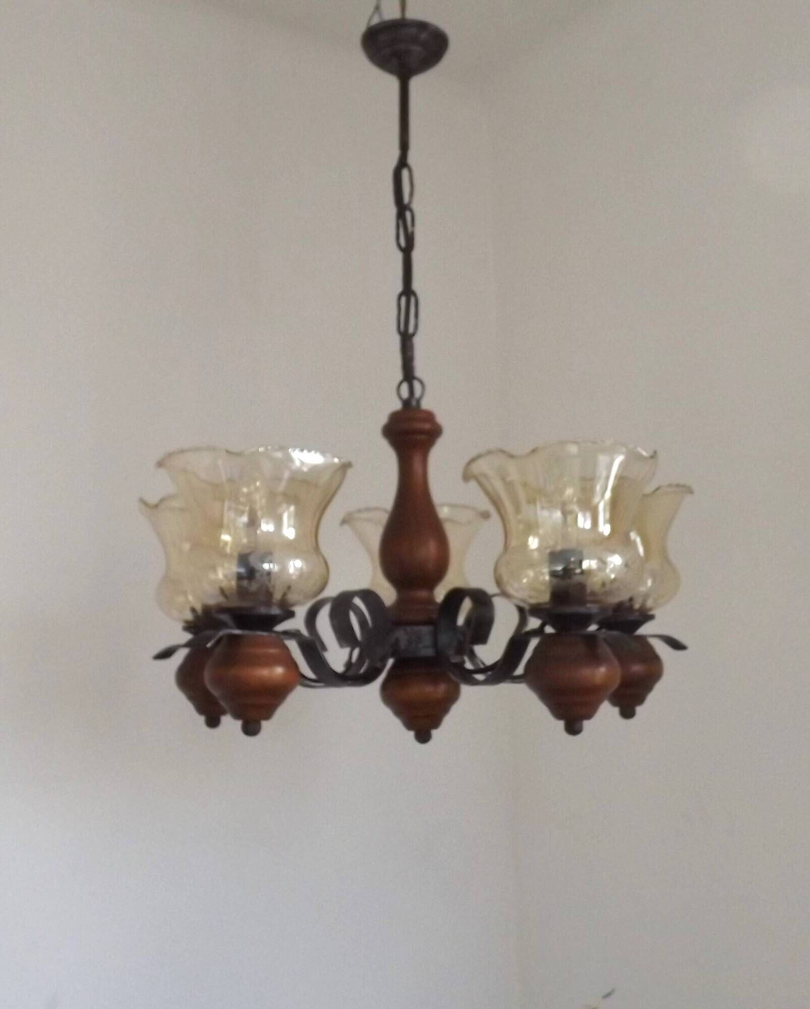 French 5 Light Mid Century Chandelier Wood Metal & Patterned Glass Shades