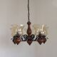 French 5 Light Mid Century Chandelier Wood Metal & Patterned Glass Shades