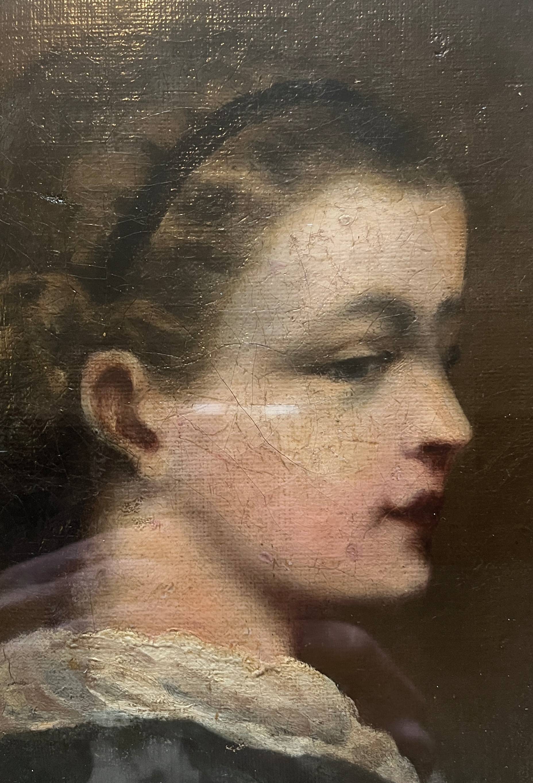 HST/P painting "Family portrait, Young woman" 19th century + frame