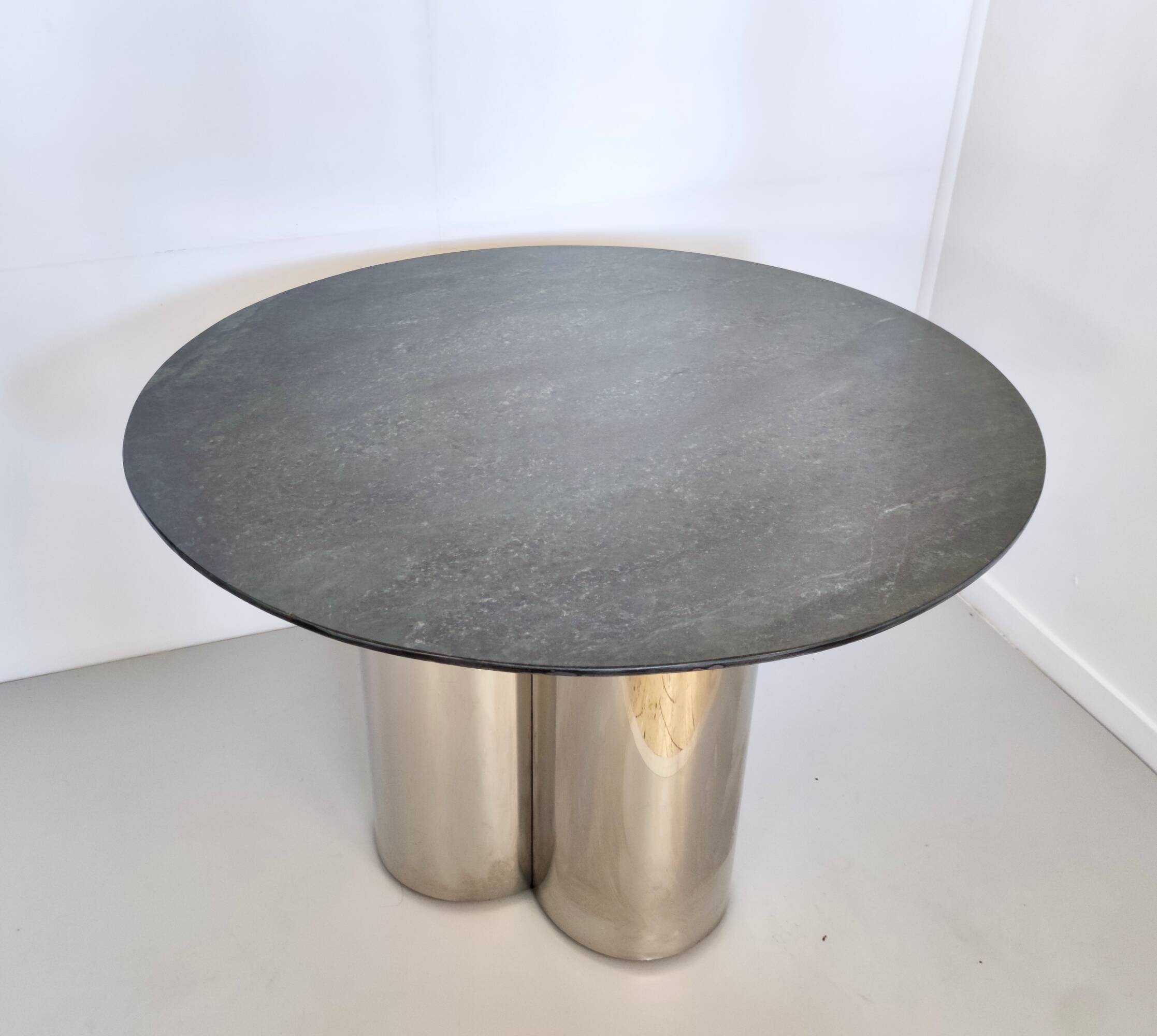Postmodern Steel Dining Table with a Round Green Marble Top, Italy