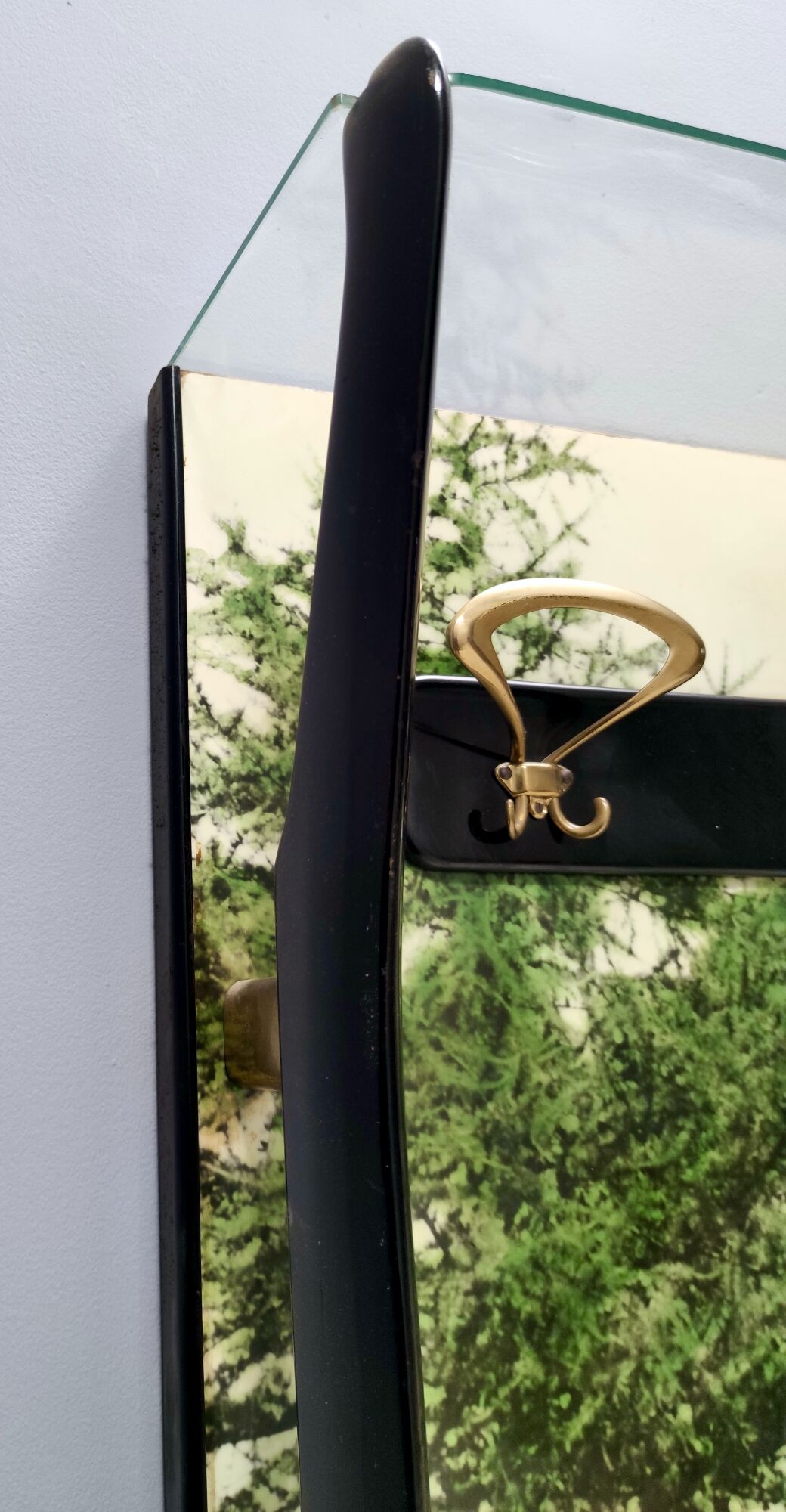 Vintage Ebonized Beech, Brass and Glass Coat Rack with a Landscape, Italy
