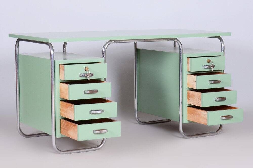 Bauhaus Writing Desk and Chair in Chrome-Plated Steel from Thonet, Czechia, 1930s, Set of 2