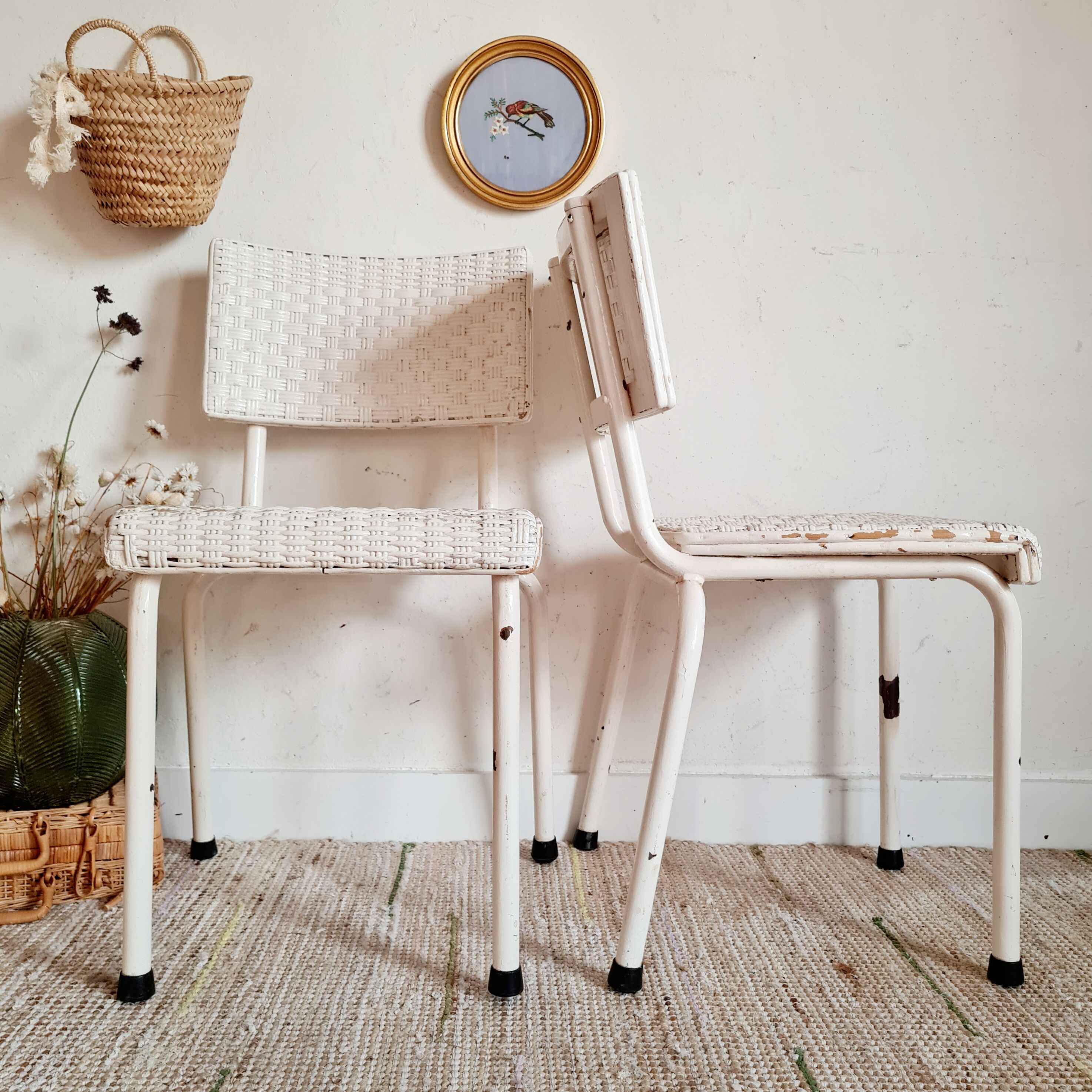 Vintage rattan bistro chairs white and metal