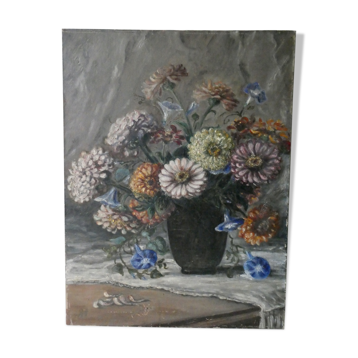 Table, oil on canvas, bouquet of flowers, signed