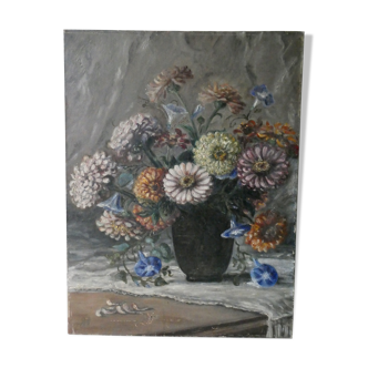 Tableau, huile sur toile, bouquet de fleurs, signé