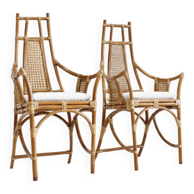 Fauteuils vintage en bambou et rotin avec coussins bouclés, années 1970, lot de 2