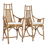 Vintage Bamboo and Rattan Armchairs with Bouclé Cushions, 1970s , set of 2