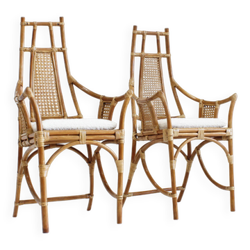 Fauteuils vintage en bambou et rotin avec coussins bouclés, années 1970, lot de 2