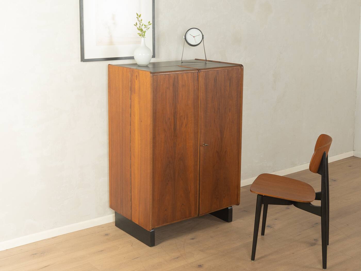 Classic home office from the 1950s, walnut veneer, illuminated interior
