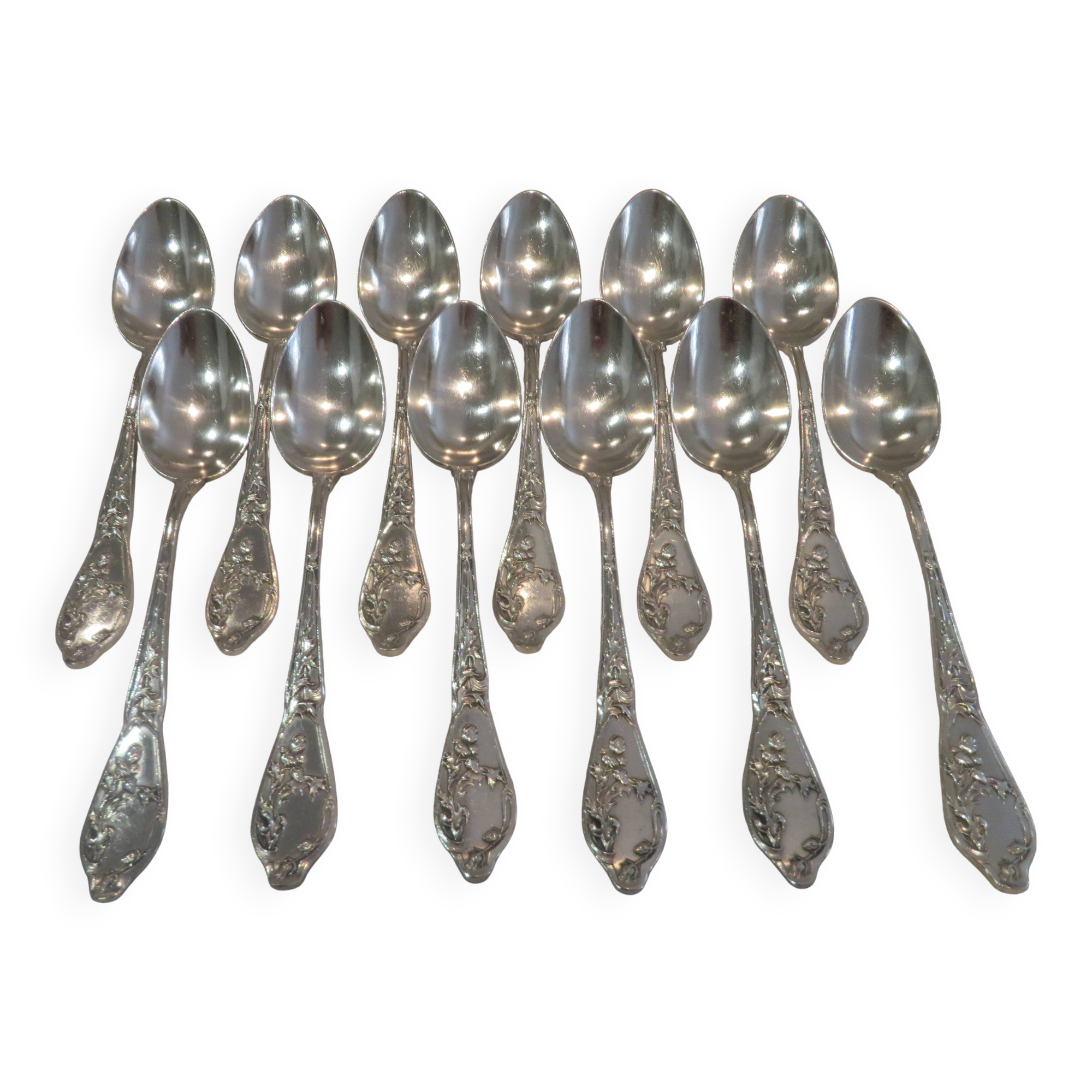 12 silver-plated coffee spoons by Boulenger, Art Nouveau thistles