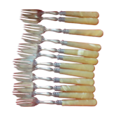 12 Cake forks. Around 1930. Golden metal and yellow Bakelite handle.