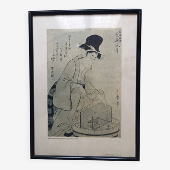 Japan print, woman near bird cage kitagawa utamaro copy 1961 rennes museum