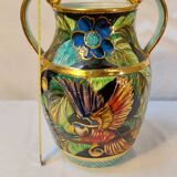 Vase à anses Vallauris à décor de perroquets et de fleurs