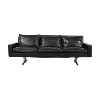 Vintage scandinavian mid-century modern minimalist black leather 3-seater sofa with metal legs, 1960