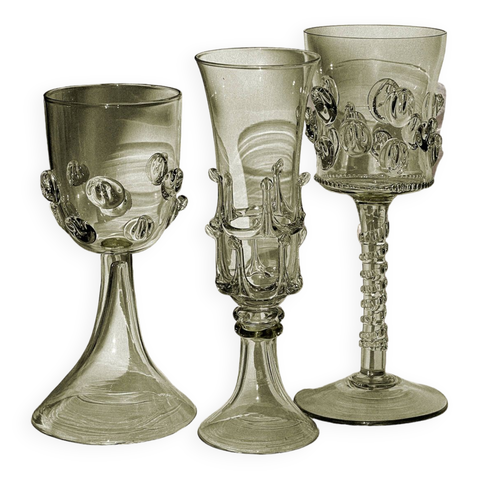 pair of green glass champagne flutes - label