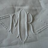 Old hand-embroidered linen sheet 2.42 x 3.17 m MR monogram Early 20th art deco