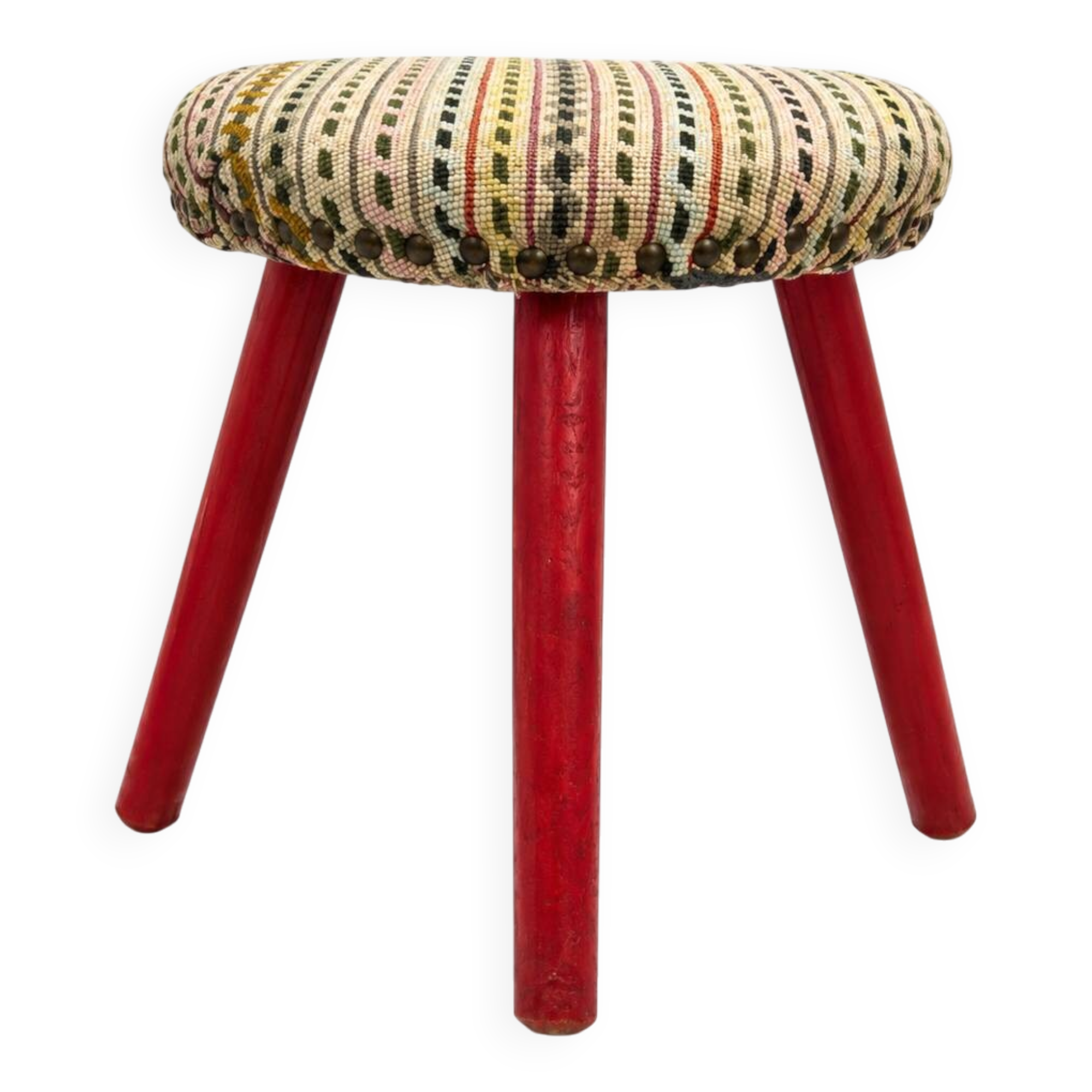 Vintage Tripod Stool Kilim Red Oval Footrest 35cm Firm