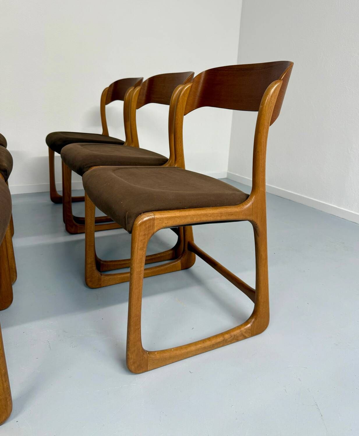 Set of 6 Baumann sleigh chairs in wood and brown fabric, original 1960s