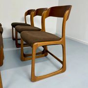 Set of 6 Baumann sleigh chairs in wood and brown fabric, original 1960s