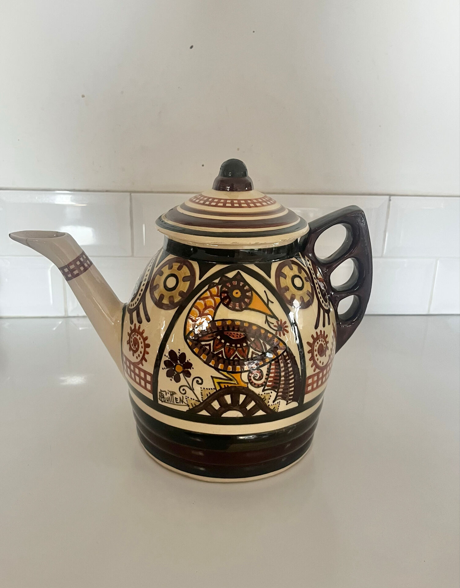 Antique tea and coffee service signed Paul Fouiffen Quimper