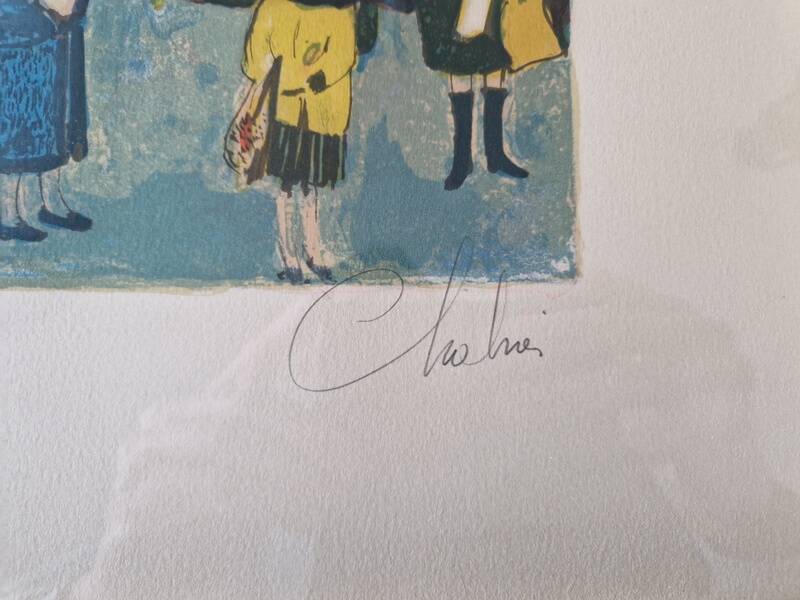 Lithographie en couleurs, Scène de marché, Nathalie Chabrier (née en 1932)