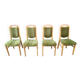 4 chaises vintage scandinaves en bois clair et velours vert