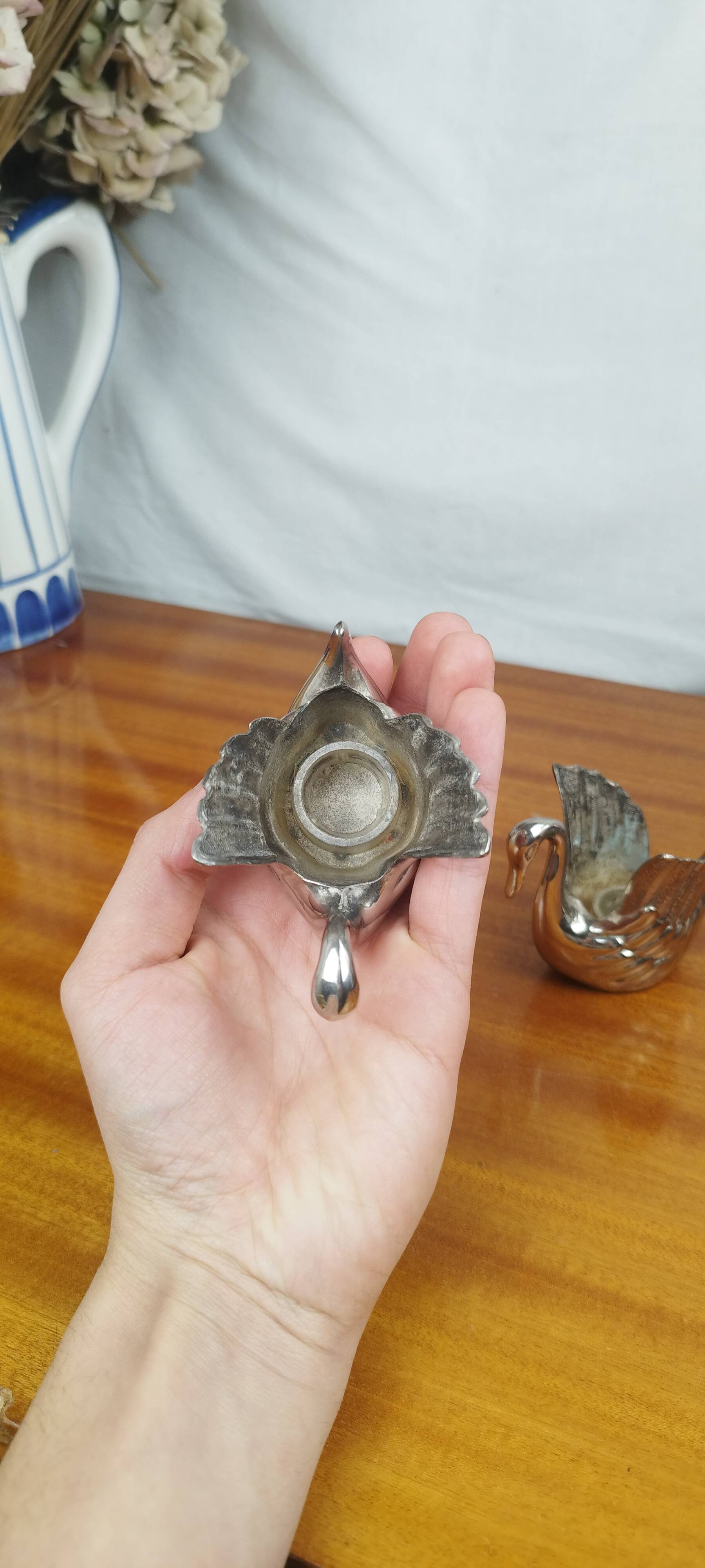 Pair of Silver Metal Zoomorphic Swan Candle Holders, Vintage 70s