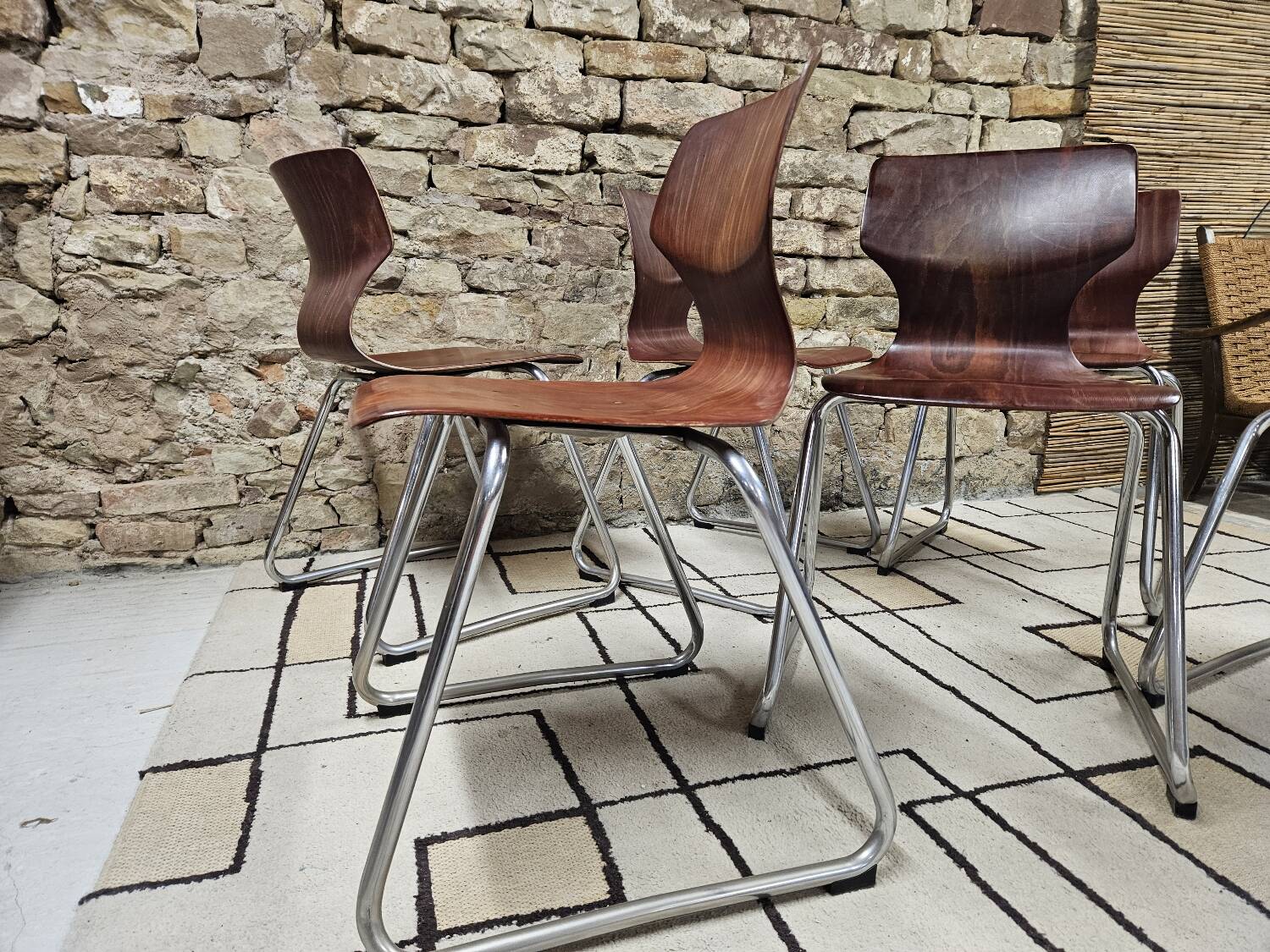 Set of 6 Flötotto pagwood stackable chairs 1960