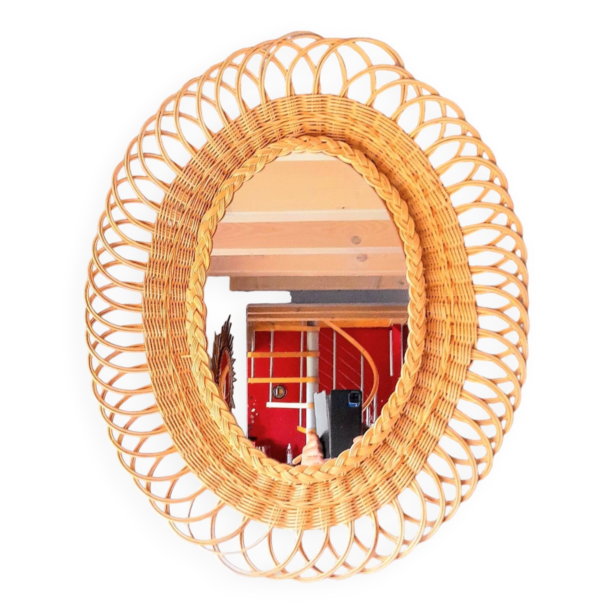 Miroir ovale en rotin 1960