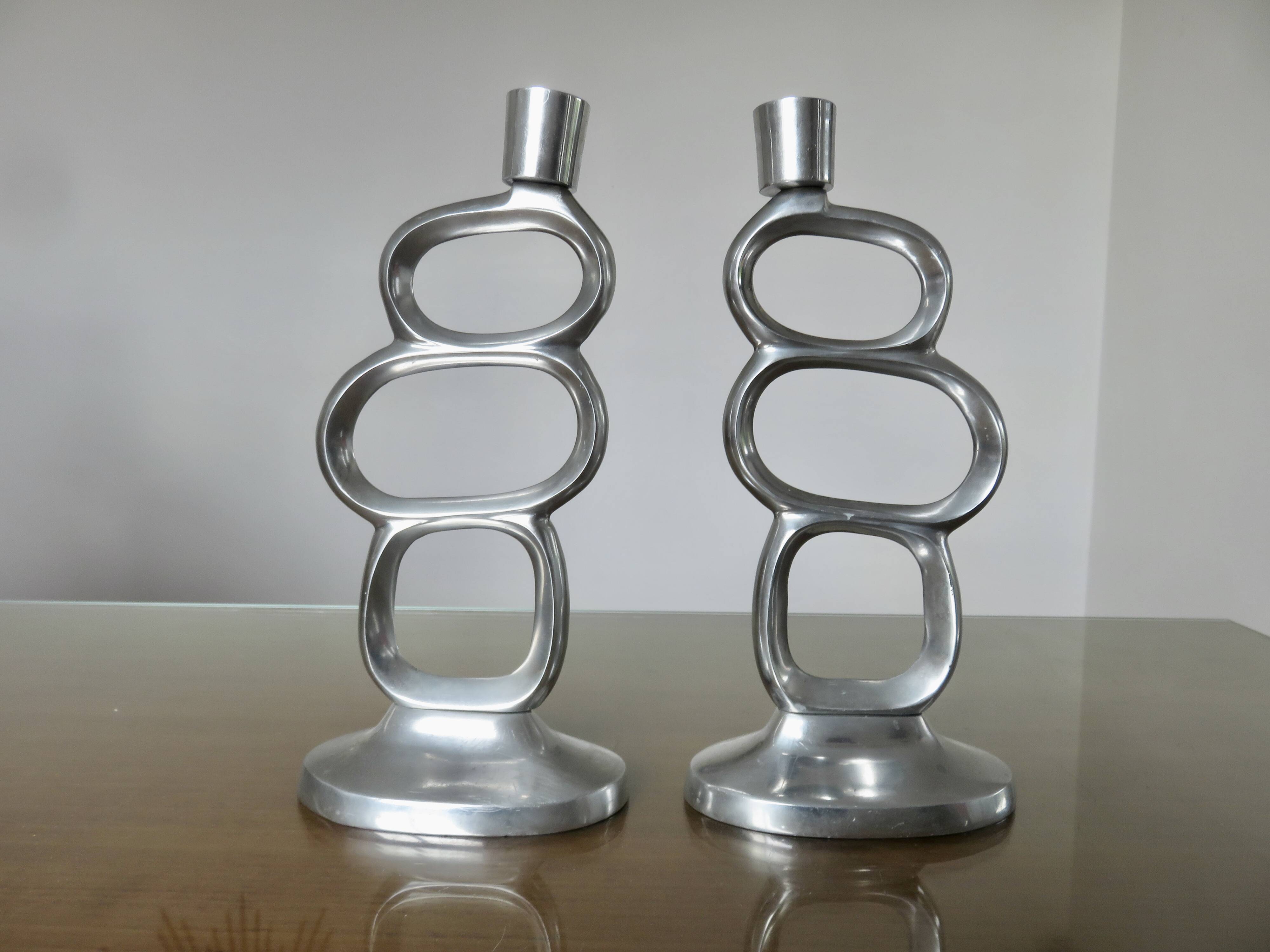 Pair of 1980 aluminum "circle" candlesticks