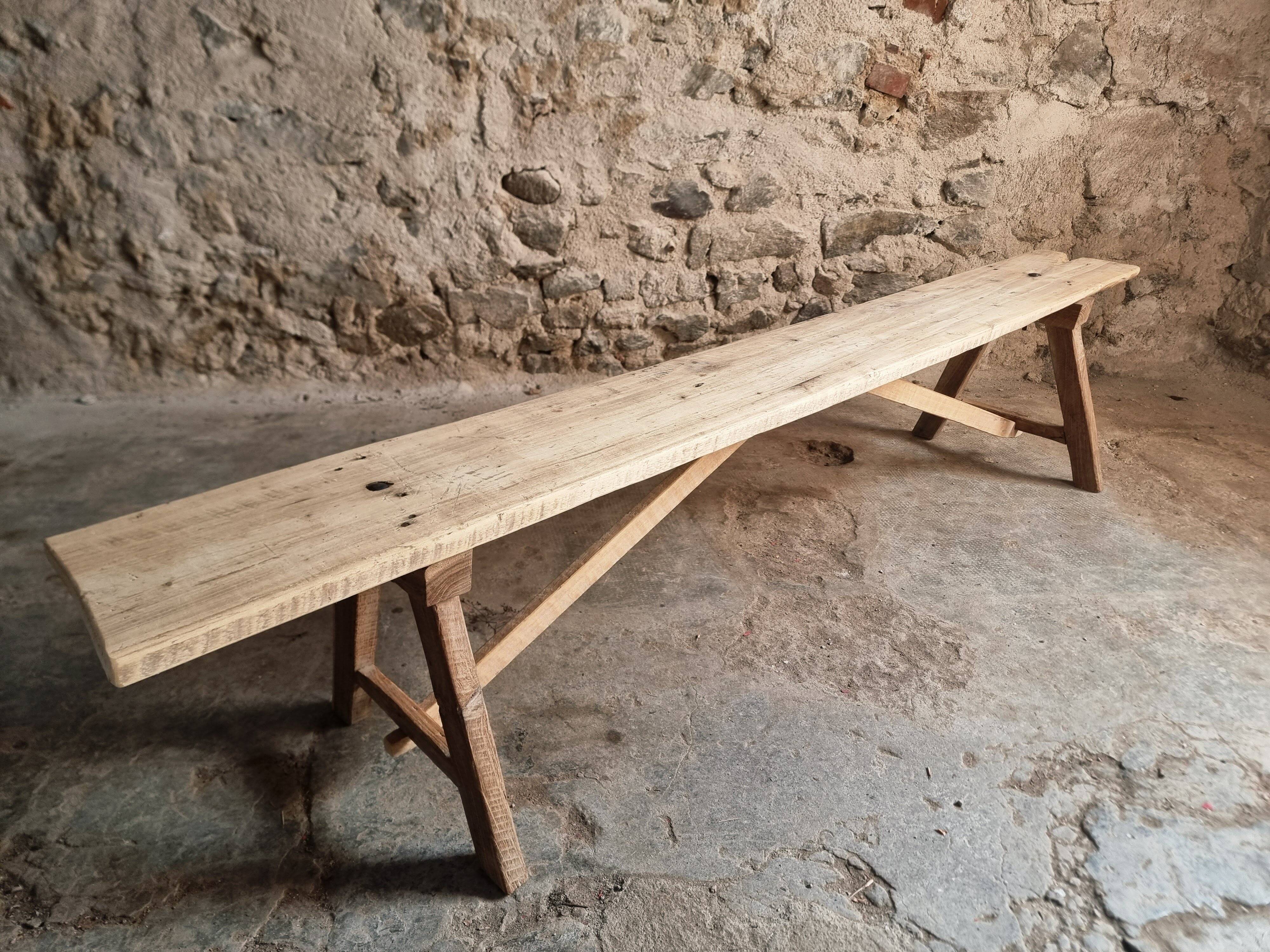 French antique wooden bench – Rustic farmhouse bench – Poplar and chestnut – Late 19th century – 198 cm