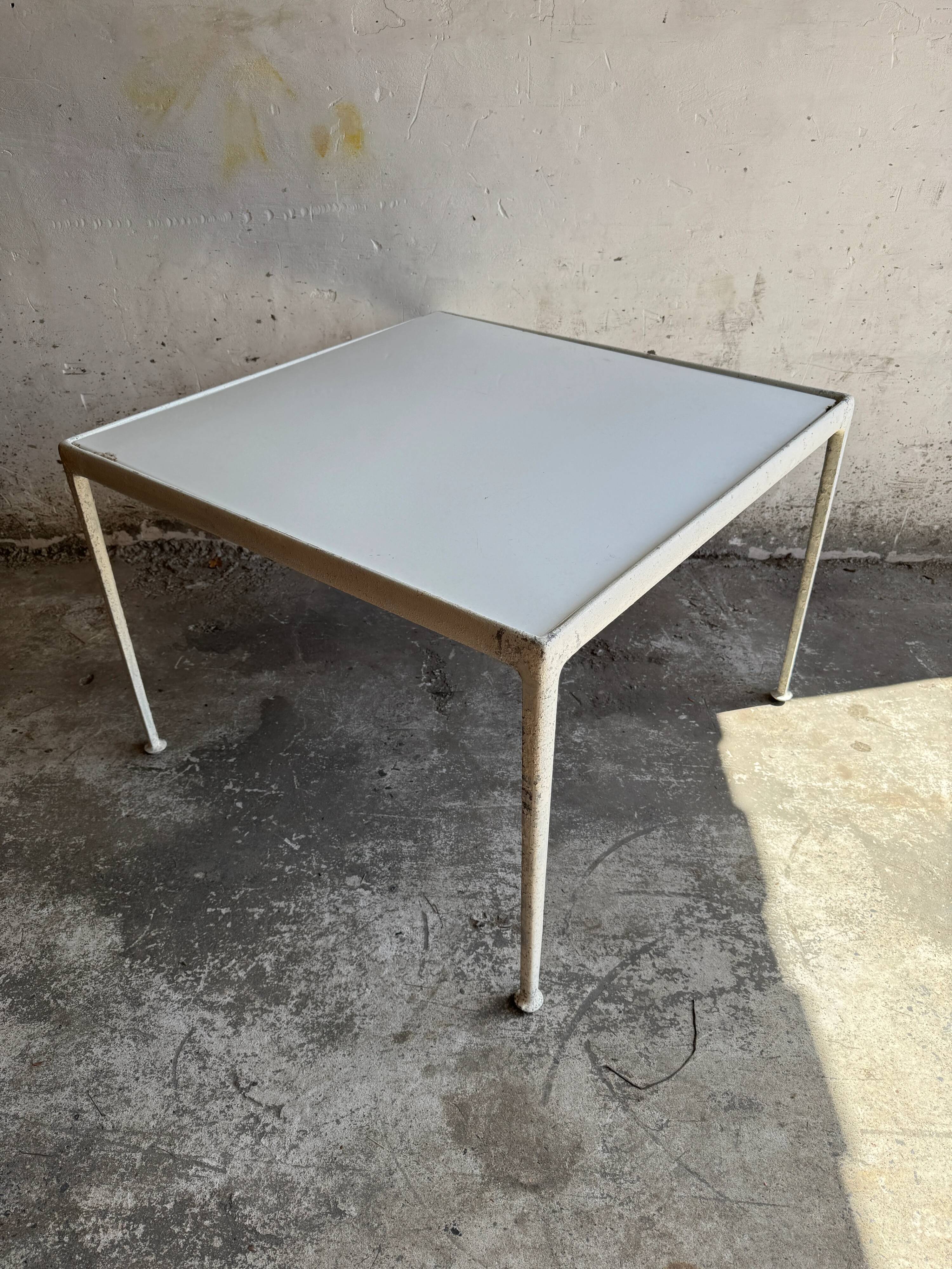 White Enameled Steel Top & Cast-Aluminum Knoll Outdoor Table — 1960s Modernist First Edition
